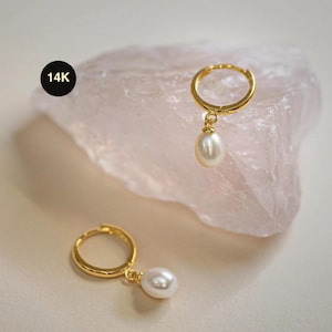 14K Solid Gold Pearl Drop Earrings 3 Types, Dangle Hoop Wedding Jewelry Anniversary Gift