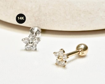 14KソリッドゴールドCZフラワースタッドイヤリング、18G軟骨ヘリックスピアス、シングルスタッド