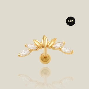 14K REAL Solid Gold Curved Leaf Stud with Marquise CZ, Flat Back Cartilage Daith Helix Tragus Conch  Ear Piercing Dainty Jewelry 18Gauge