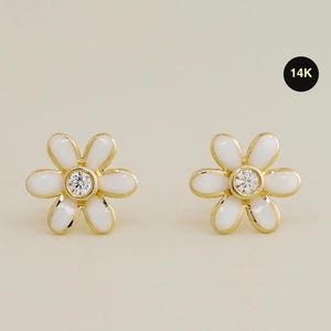 14K PRAWDZIWE Solidne Złote Kolczyki Z Kwiatem Stokrotki Diamentowym CZ Do Chrząstki Daith Helix Tragus Conch Rook Snug Kolczyk Śruba-back Piercing