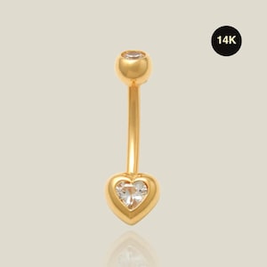 14K REAL Solid Gold Heart Curved Belly Button Barbell Ring, Eyebrow Body Navel Piercing Jewelry 14Gauge For Women Body Jewelry Gift For her