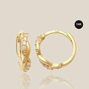 14K Echtgold Twist Zirkonia Creolen, Knorpel Helix Tragus Conch Huggie Scharnier Ohrring Piercing Schmuck Geschenk für Sie