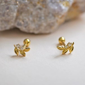 14K Genuine Natural Diamond Olive Leaf Stud Earring, Solid Gold Piercing Cartilage Helix Tragus Conch Internal Floral Body Dainty Jewelry