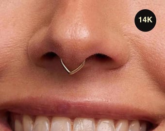 14K Solid Gold V Shape Clicker Hoop Ring, Nose Septum Ear Piercing Cartilage Jewelry