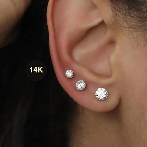 14K Solid Gold Diamond CZ Round Stud Minimalist Earrings, Screw / Butterfly Back