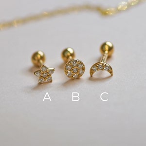 14K Genuine Natural Diamond Petite Star, Round, Crescent Moon Stud Earring, Celestial Sky Piercing Cartilage Helix Tragus Solid Gold Jewelry