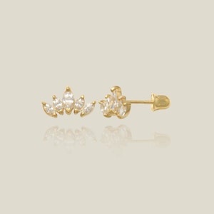 14K REAL Solid Gold Marquise Diamond CZ Lotus Flower Stud Earrings for Cartilage Daith Helix Tragus Conch Ear Post Screw-back Stud Piercing