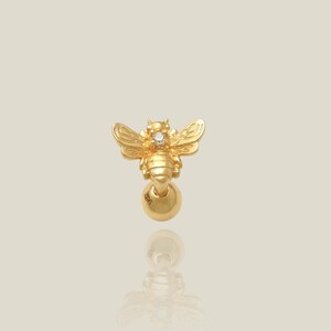 14K REAL Solid Gold Queen Bee Stud Earring, Cartilage Helix Tragus Conch Snug Mini Ear Post Piercing Jewelry, Internal Flatback Pushpin