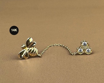 14K Solid Gold Bee Honeycomb Chain Link Earring, Diamond CZ Double Piercing Stud Jewelry