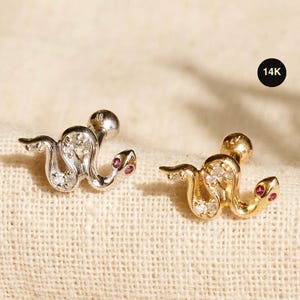 14K REAL Solid Gold Diamond Ruby Snake Stud Earring, Serpent Cartilage Helix Tragus Conch Snug Ear Post Stud Piercing Body Jewelry 18G