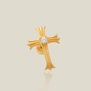 14K Solid Gold Gothic Style Cross Stud Earring, Cartilage Helix Tragus Conch Rook Snug Ear Post Stud Piercing Earring Body Jewelry 18Gauge