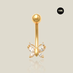 14K REAL Solid Gold Butterfly Belly Button Piercing Jewelry CZ Curved Barbell Belly Navel Bar Ring 14Gauge For Women Intimate