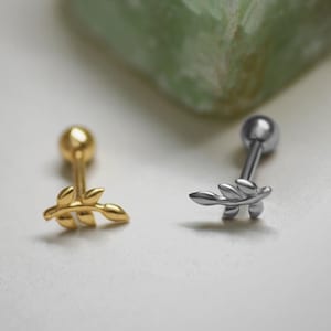 14K REAL Solid Gold Mini Olive Leaf Stud Earring, Cartilage Helix Tragus Conch Rook Snug Ear Post Stud Piercing Earring Body Jewelry 18Gauge