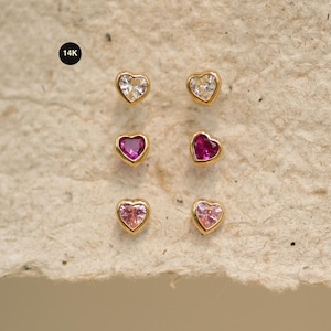 14K Solid Gold Heart Stud Earrings, Color CZ Bezel Screw Back Earrings