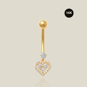 14K REAL Solid Gold Square Round CZ Double Heart Belly Piercing Curved Barbell Body Navel Belly Piercing Jewelry 14Gauge