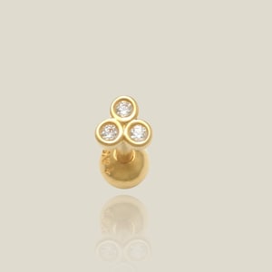 14K REAL Solid Gold Trinity Diamond CZ Cartilage Daith Helix Tragus Conch Rook Snug Ear Post Stud Piercing Earring Body Jewelry 18Gauge