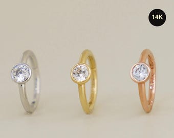 14K Solid Gold CZ Hoop Earring, 16 Gauge Cartilage Piercing