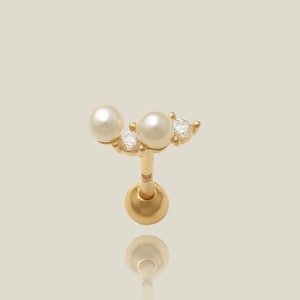 14K REAL Solid Gold Double Pearl with CZ Stud, Cartilage Helix Tragus Conch Rook Snug Ear Post Piercing Earring Body Jewelry 18Gauge