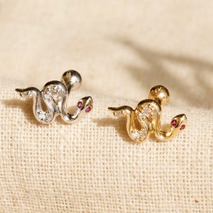 14K REAL Solid Gold Diamond Ruby Snake Stud Earring, Serpent Cartilage Helix Tragus Conch Snug Ear Post Stud Piercing Body Jewelry 18G