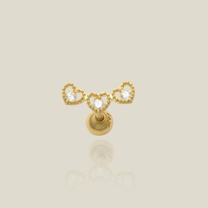 14K REAL Solid Gold Triple Heart Stud, Cartilage Daith Helix Tragus Conch Rook Snug Ear Post Stud CZ Piercing Earring Body Jewelry 18Gauge