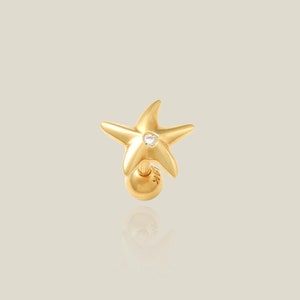 14K REAL Solid Gold Starfish CZ Piercing Cartilage Daith Helix Tragus Conch Rook Snug Ear Post Stud Piercing Earring Body Jewelry 18Gauge