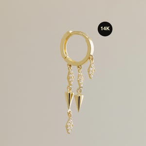 14K REAL Solid Gold Spike Drop Huggie Earring, Diamond CZ Cartilage Upper-lobe Helix Tragus Conch Hinge Huggie Hoop Ear Piercing Jewelry