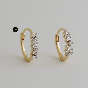 14K Baguette Diamond Hoop Earrings, Solid Gold Natural Genuine Diamond Ear Wedding Jewelry
