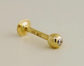 14K Solid Gold Flat Back Labret Stud 16G, Knorpel Helix Tragus Ohrring, Ball & CZ Stud, Single
