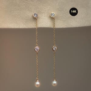 14K Solid Gold Pearl Stone Chain Drop Dangle Stud Earrings, Wedding Earring Minimalist Elegant Earlobe Jewelry, Anniversary Dainty Gift Her