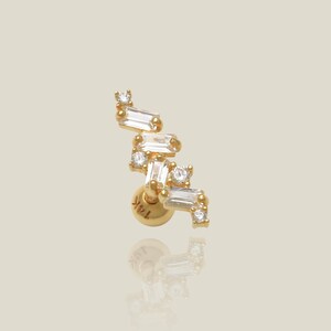 14K REAL Solid Gold Zig-Zag Marquise Stone Stud Earring, Cartilage Helix Tragus Conch Snug Climber Ear Post CZ Piercing Body 18Gauge