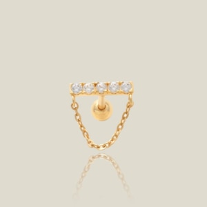 14K REAL Solid Gold CZ Line Bar Dangle Chain Stud, Piercing Dainty Tragus Conch Snug Helix Bar Ear Flat Back Piercing Earring Body 18Gauge