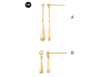 14K Solid Gold Teardrop Dangle Earrings: Dangle Chain or Drop Ear Jewelry