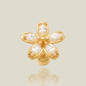 14K REAL Solid Gold Flower Ear Stud Cartilage Daith Helix Tragus Conch Rook Snug Diamond CZ Ear Post Stud Piercing Earring Jewelry 18Gauge