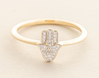 14K REAL Diamond Hamsa Ring, Real Solid Gold Micropavé Genuine Natural Diamond Religious Minimalist Anniversary Bridal Stackable Band Ring