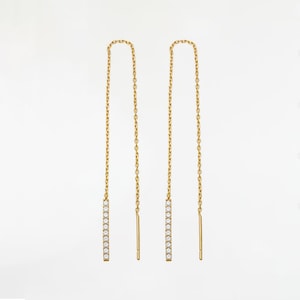 14K Solid Gold Real CZ Skinny Bar Drop Earrings Minimalist Real Solid Gold Bar Charm Threader DropDangle Earring