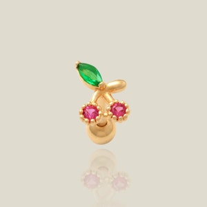 14K REAL Solid Gold CZ Ruby Cherry Stud Earring, Mini Piercing Cartilage Helix Tragus Conch Snug Ear Stack Post Cute Fruit Dainty Jewelry