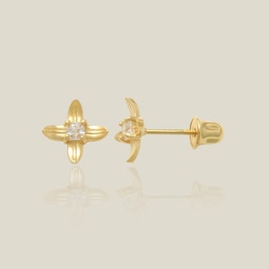14K Echtgold Vier Blatt Blume Ohrringe CZ Knorpel Daith Helix Tragus Conch Rook Snug Ohr Post abschraubbarer Bolzen Piercing