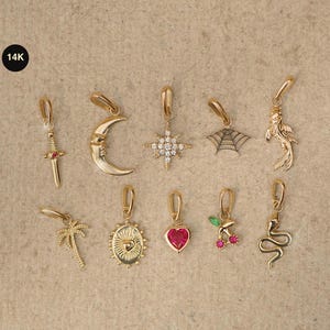 14K Solid Gold Charm Pendant – Heart, Moon, Ruby Dagger, and More