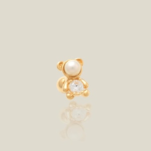 14K REAL Solid Gold & Pearl Teddy Bear Stud, Cute Dainty Earring, Flat Back Internal Tragus Cartilage Ear Stack Post Stud Piercing  18Gauge