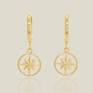 14K REAL Solid Gold Celestia Compass Huggie Hoop Earrings Dainty Minimalist Gold Charm Pendant Dangle Drop Huggie Hoop Earring Jewelry