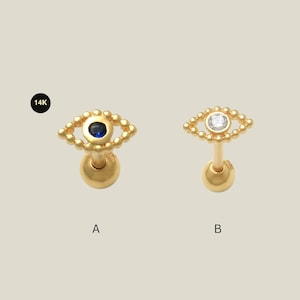 14K Solid Gold Evil Eye Stud Earring, Natural Diamond or Sapphire CZ, Cartilage Helix Tragus Conch Daith Piercing 18G Gift