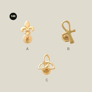 14K Solid Gold Stud Earrings, "Fleur de Lis, Cross, Trinity Knot" Ear Piercing Jewelry, Cartilage Helix Tragus Conch Lobe 18Gauge