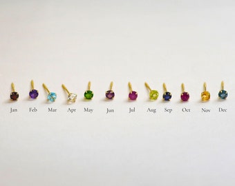 14K Solid Gold Birthstone Stud Earrings, Dainty Birthday Gift Jewelry Post Screw Earring Back Ear Piercing Tragus Conch Anniversary Gift