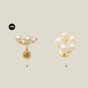 14K Solid Gold Pearl Stud Earring: CZ Accent, 18G Cartilage Helix Tragus Conch