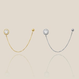 14K REAL Solid Gold Cubic Zirconia Stone Round Double Stud Ball with Chain Stud Earring, CZ Upper Earlobe Cartilage Helix Tragus Ear Post