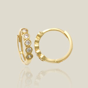 14K REAL Solid Gold Bezel Cubic Zirconia Hoop Earrings, Cartilage Daith Helix Tragus Conch Rook Snug Huggie Hinge Ear Ring Piercing Jewelry