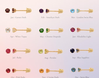 14K Solid Gold Birthstone Stud Earrings, Dainty Birthday Gift Jewelry Post Screw Earring Back Ear Piercing Tragus Conch Anniversary Gift