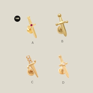 14Kゴールドダガースタッドイヤリング、ソリッドゴールドシングルイヤリング、剣型軟骨ピアス18G 画像 2