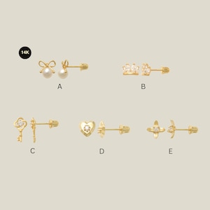 14K Solid Gold Stud Earrings (Pair) – Ribbon Bow Pearl, Crown, Key, Heart, Leaf
