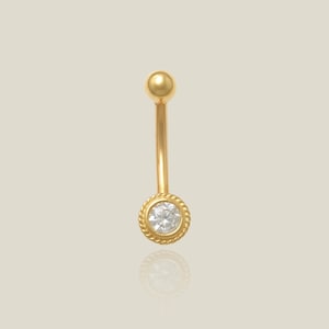 14K REAL Solid Gold Round Cubic Zirconia Curved Barbell Earring Eyebrow Rook Lip Body Piercing Jewelry 16Gauge